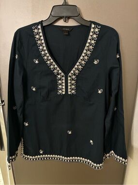 Express Navy Embellished Sequin Blouse Woman L Embroidered Sequins Festival Chic